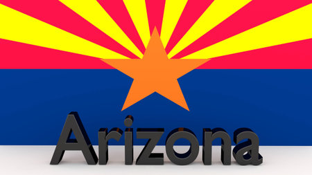 Writing with the name of the US state of Arizona made dark metal in front of state flagの写真素材
