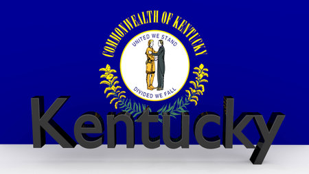 Writing with the name of the US state Kentucky made of dark metal  in front of state flagの写真素材