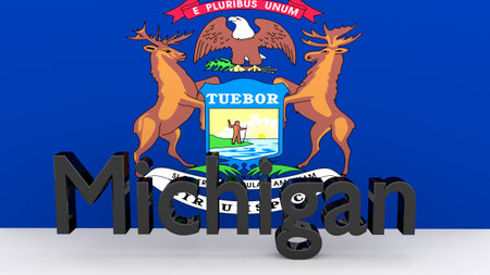Writing with the name of the US state Michigan made of dark metal  in front of state flagの写真素材