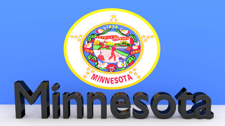 Writing with the name of the US state Minnesota made of dark metal  in front of state flagの写真素材