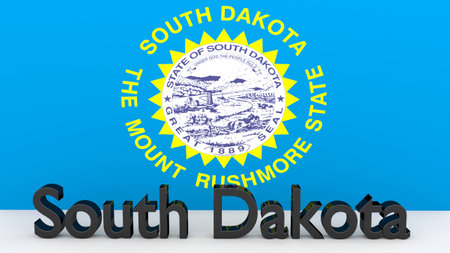 Writing with the name of the US state South Dakota made of dark metal  in front of state flagの写真素材