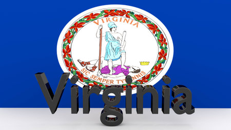 Writing with the name of the US state Viginia made of dark metal  in front of state flagの写真素材