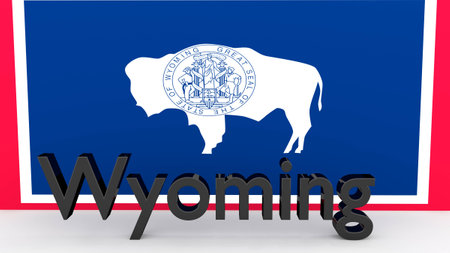 Writing with the name of the US state Wyoming made of dark metal  in front of state flagの写真素材