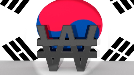 Currency symbol South Korean Won made of dark metal in spotlight in front of South Korean flagの写真素材