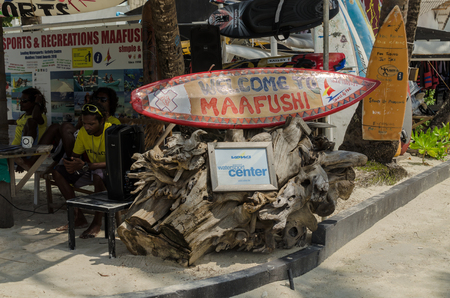 Maafushi Island, Maldives - November, 2017: A large number of colorful, colorful boards for surfing in the Maafushi diving center. Maafushi Island, Maldives, Indian Oceanのeditorial素材