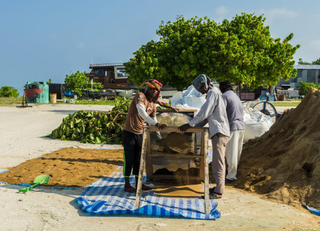 MALDIVES - November 19, 2017: Workers sifting sand on a construction site under the scorching rays of the tropical sun on a background of blue sky and tropical trees, Kaafu Atoll, Kuda Huraa Islandのeditorial素材