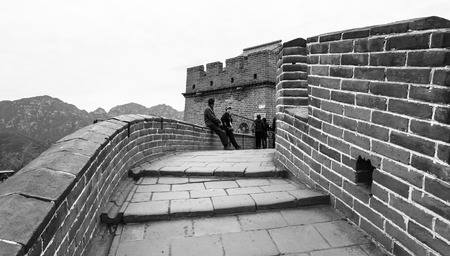 BEIJING, CHINA - October 14, 2013: Tourists visit the Great Wall of China near Beijing, black and white viewのeditorial素材