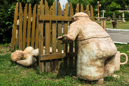 OPISHNYA, UKRAINE - July 16, 2018: Art exhibition of national ceramics in the largest center of pottery in Ukraine. Ceramics - the oldest handicraft, which later became the variety of folk artのeditorial素材