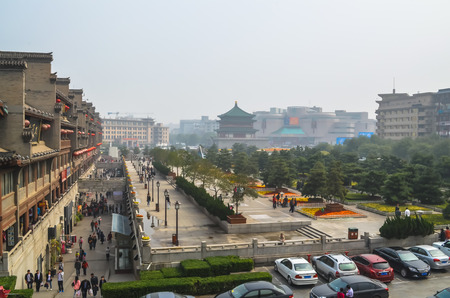XIAN, CHINA - October 17, 2013: View of the square near the Bell Tower in Xian, Shaanxi Province, China.のeditorial素材
