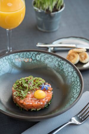 Salmon tartare with cucumber, onions, small leaves and yellow egg yolkの写真素材