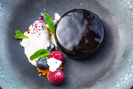 Chocolate fudge mousse cake with ice cream and fresh forest berriesの写真素材