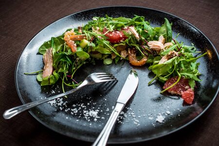 Chicken and green lettuce and leaf salad with tomatoes, spinach, and grapefruitの写真素材