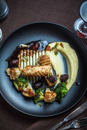 Grilled chicken breast with grilled vegetables and potato purÃ©eの写真素材