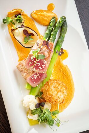 Cooked tuna with raw middle and with yellow purée, spring onions and herbsの写真素材