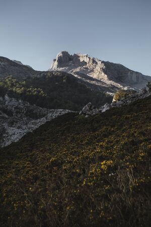 sunrise in mountains, mountain lit by the morning sun, Picos de Europa, Spainの写真素材