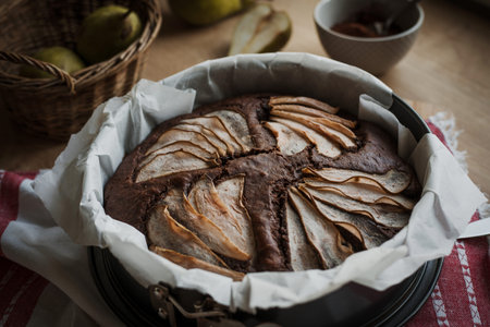 Rustical chocolate cake with pear, traditional winter and autumn desert with seasonal fruit,...