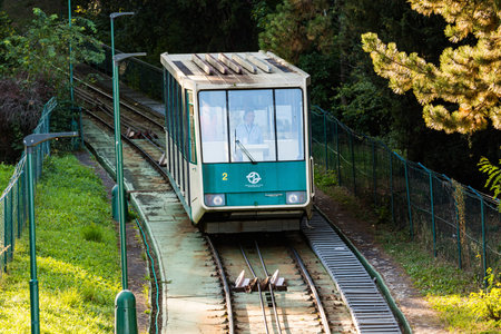 Prague, Czech republic - September 19, 2020. Funicular from Ujezd to the Petrin hill as a part of...