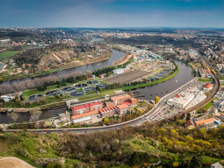 Aerial view of sewage disposal plant in Podbaba, Dejvice in Prague 6 by the river Moldauの写真素材