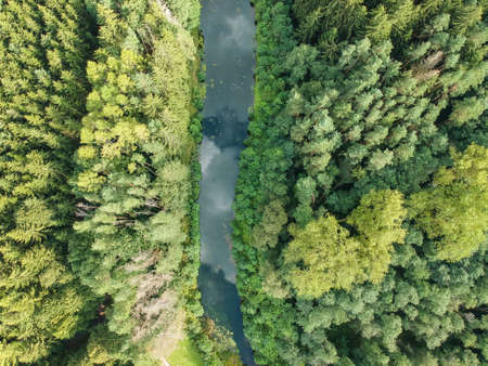Aerial view on small dam on river Svitava near source of river between Svitava city and Javornik villageの写真素材