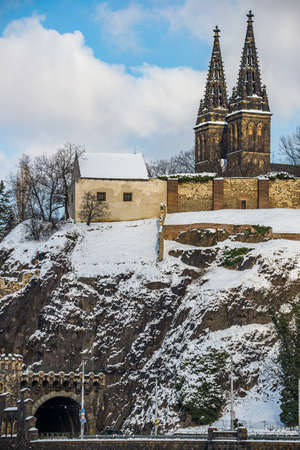 View on the rock under Vysehrad fortress in winter with cathedral in backgroundのeditorial素材