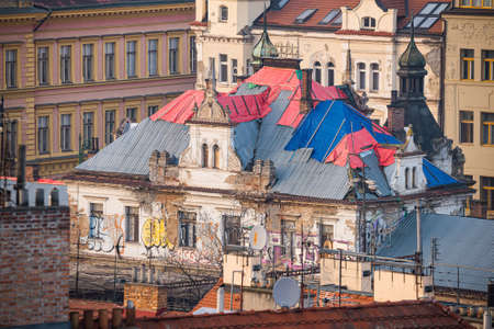 Prague, Czech republic - February 24, 2021. Historic building of Train station Praha Vysehrad in a state of disrepairのeditorial素材