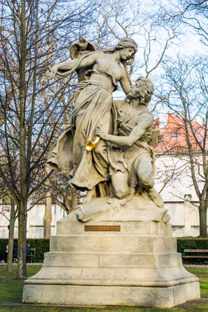 Prague, Czech republic - February 24, 2021. Historic statues of legends in Vysehrad park - Ctirad a Sarkaのeditorial素材