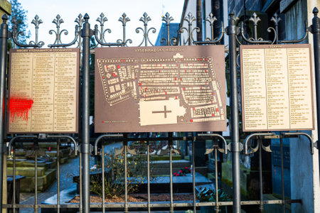 Prague, Czech republic - February 24, 2021. Map and list of famous celebrities buried in Vysehrad cemeteryのeditorial素材