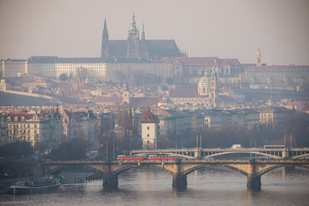 View on Prague Castle of Vysehrad area in Winter inversionのeditorial素材