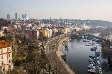 Panorama of Prague in haze in Winter - Podoli quarter and Pankracのeditorial素材