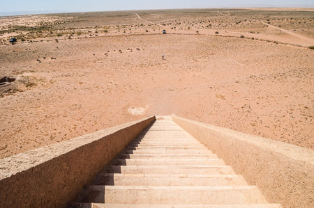 Erfoud, Morocco - April 15, 2015. Desert architecture by Hannesjorg Voth is a 16m high stairway with...