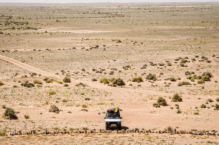 Erfoud, Morocco - April 15, 2015. Silver vintage off road car on flat surface in desert