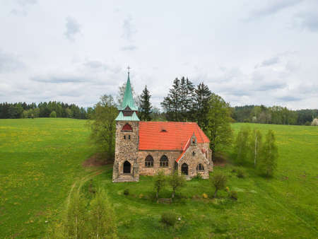 Aerial view of Church Of The Divine Heart Of The Lord in Borovnicka, Czech republicの写真素材