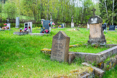 Borovnicka, Czech republic - May 15, 2021. Small old village cemetery after german sudeten...