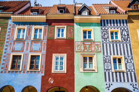 Poznan, Poland - August 09, 2021. Tiny colored houses - main dominant of main square - in Summerのeditorial素材