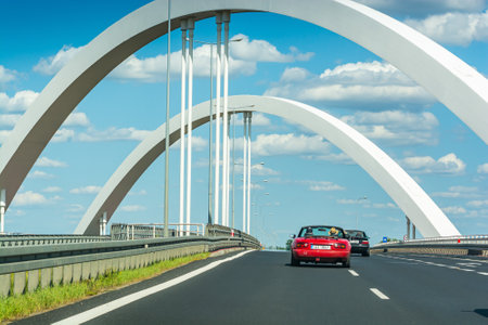 Gniezno, Poland - August 09, 2021. Road S5 with two convertible vintage cars on roadtripのeditorial素材