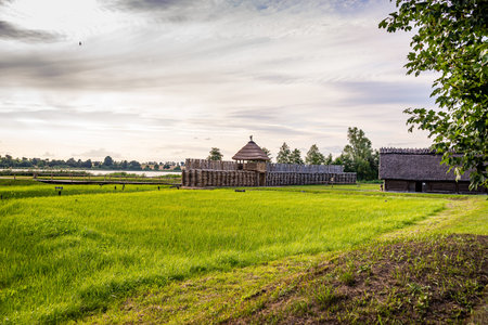 Biskupin, Poland - August 09, 2021. Archaeological site and a life-size model of a late Bronze Age fortified settlement in north-central Polandのeditorial素材