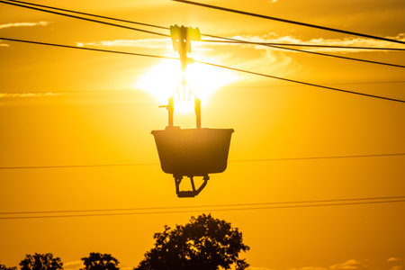 Cable cars Janikowo - Piechcin of mine at sunset near Pakosc in Polandの写真素材