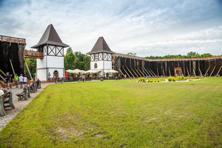 Inowroclaw, Poland - August 10, 2021. Area of Park Solankowy with Brine graduation towers of doctor Jan Osotのeditorial素材