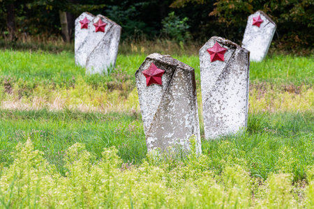 Torun, Poland - August 20, 2021. Old abandoned soviet cemetery - Cementarz Jencow Wojennych