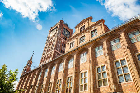 Torun, Poland - August 11, 2021. Gothic facade of Old Town Hall in Old Market squareのeditorial素材