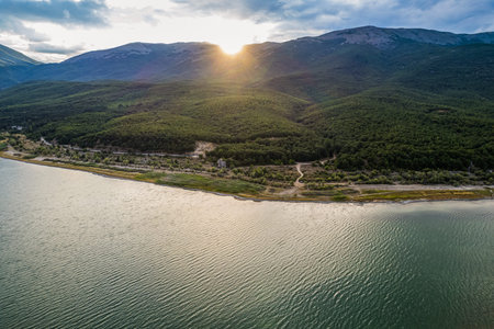 Aerial view of Ohrid-Prespa Transboundary Biosphere Reserve in National Park Galicica in North...