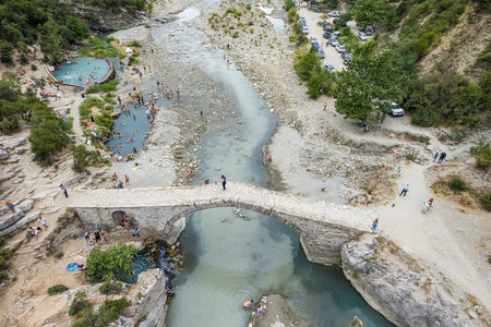 Aerial view of thermal springs in Canyon Langarica in Albania, Europe, Summer 2022