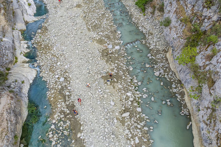 Aerial view of thermal springs in Canyon Langarica in Albania, Europe, Summer 2022