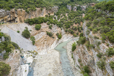 Aerial view of thermal springs in Canyon Langarica in Albania, Europe, Summer 2022