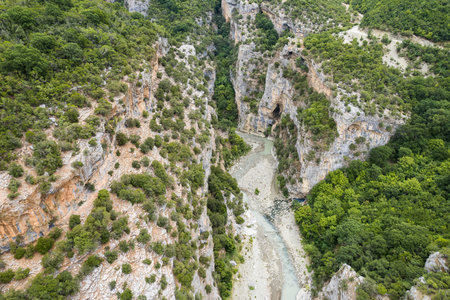 Aerial view of thermal springs in Canyon Langarica in Albania, Europe, Summer 2022