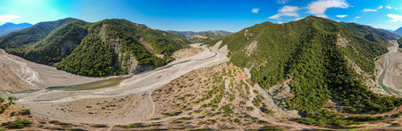 Aerial view of river Osum in Albania near village Rog in Summer 2022