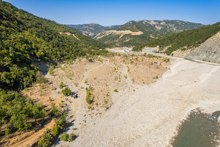 Aerial view of river Osum in Albania near village Rog in Summer 2022