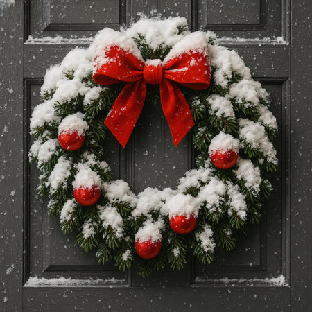 Christmas wreath with red baubles and snow on wooden doorの素材
