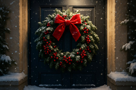Christmas wreath with red bow on a door in the city.の素材