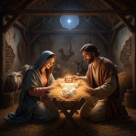 Nativity scene with Jesus and Joseph in nativity sceneの素材